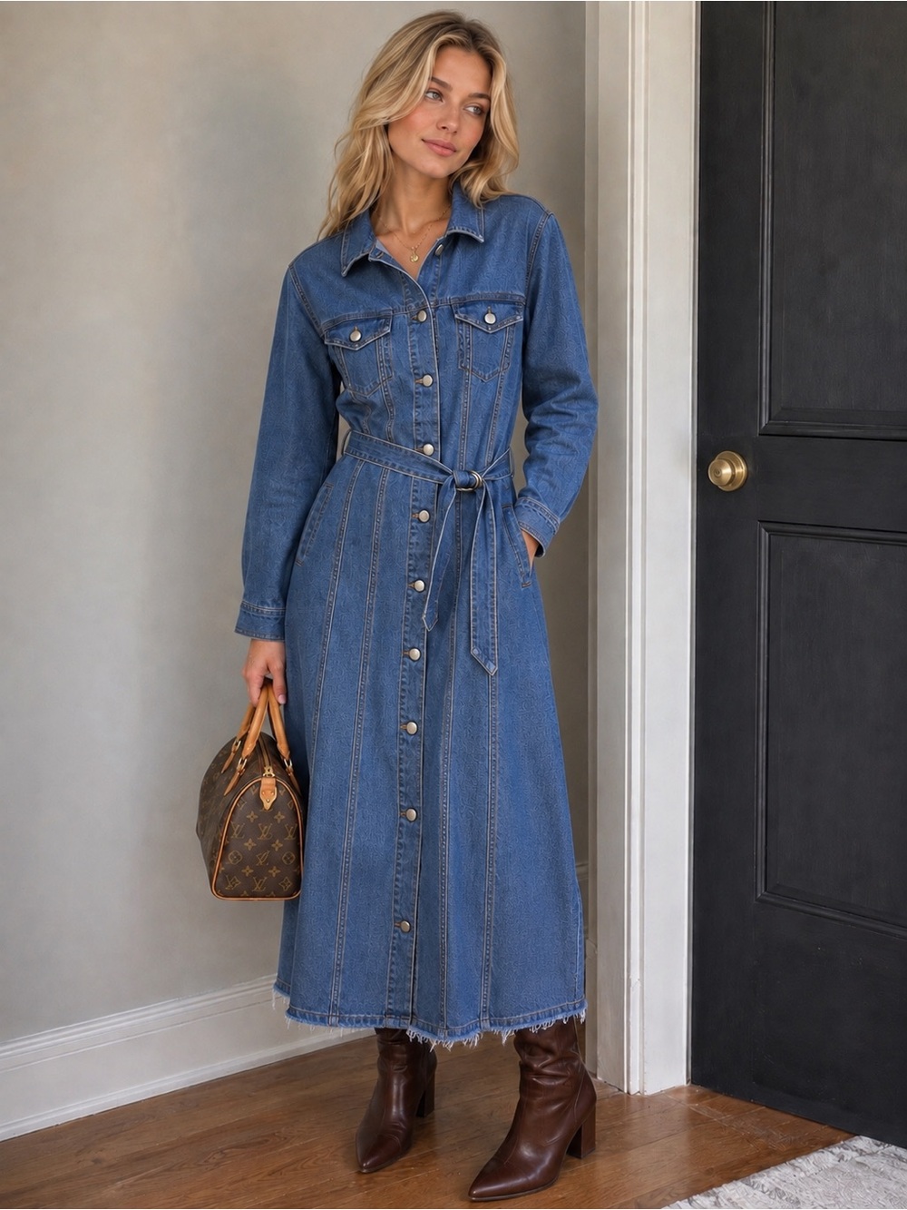 Revamped Blue Denim Maxi Shirt Dress with Waist Tie